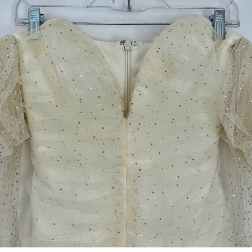 NWT House of CB Milana cream tulle mesh rhinestone puff sleeve mini ruched dress - Picture 5 of 7